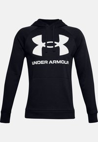 Felpa nera con cappuccio e tasca a marsupio, con logo "Under Armour" bianco e grande grafica del logo sul davanti. Realizzata in tessuto morbido.