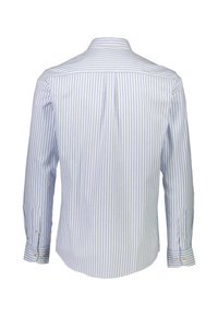 Vaaleansininen ja valkoinen raidallinen pitkähihainen paita, puuvillakangasta, nappikaulus, pyöristetty helma, hihoissa kaksi nappia, pystysuorat raidat.