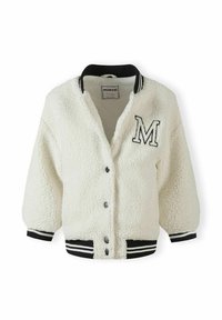 Giacca sherpa bianca con colletto rigato nero. Presenta un ampio emblema "M", bottoni a pressione e polsini rigati per un tocco in più.
