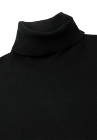 Schwarzes Rollkragenoberteil aus weichem, geripptem Strickstoff. Verfügt über einen hohen, umgeschlagenen Kragen und eine figurnahe Silhouette.