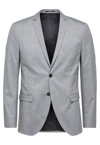 Blazer gris claro hecho de tejido texturizado, con cierre de un solo botón, solapas con muesca y un pequeño bolsillo en el pecho. Diseño elegante.