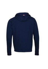 Námořnická modrá mikina s kapucí na stažení, žebrovanými manžetami a klokaní kapsou. Měkká tkanina z bavlny a polyesteru, bezešvý zadní díl a minimalistický design.