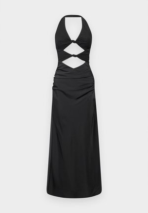 Vestido preto com decote halter, detalhes recortados e accentos em nó. Feito de um tecido suave, com corpete ajustado e saia fluida.