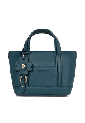 Sac à main en cuir bleu sarcelle avec doubles poignées, poche avant, charm en forme de fleur, quincaillerie dorée et "Heragona Paris" embossé sur le devant.