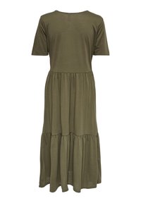 Olive green, short-sleeve maxi dress made of soft fabric, featuring a tiered skirt and a round neckline with a relaxed fit.