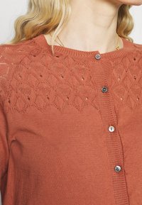 Kardigan v rezavé barvě s texturovaným pleteným vzorem na raglánových rukávech, se zaoblenými knoflíky. Materiál vypadá měkký a lehký.