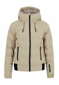 Beige isolierte Jacke mit hohem Kragen, schwarzen Reißverschlüssen, verstellbaren Kordeln und gerippten Bündchen. Ausgestattet mit feuchtigkeitsabweisendem Material.
