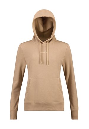 Beige hooded sweatshirt with long sleeves, front kangaroo pocket, ribbed hem, and drawstring in a soft, textured fabric.