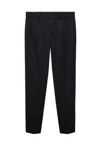 Pantalon noir sur mesure avec fermeture à bouton et zip, poches latérales et passants pour ceinture, présenté sur fond blanc.