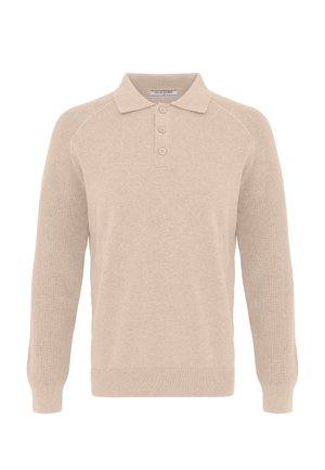 Beige langærmet strikket polo-sweater med tre knapper og krave, med ribstrikkede ærmekanter og kant forneden.