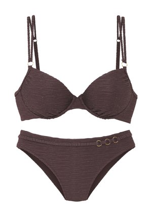 Dark brown ribbed bikini set with padded bra featuring double adjustable straps and matching bottoms with three small gold ring accents.