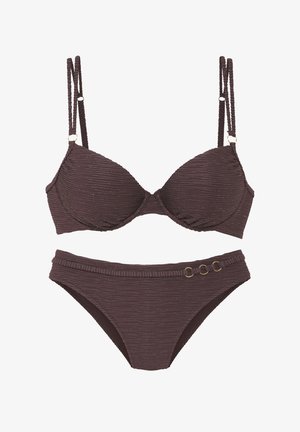 Dark brown ribbed bikini set with padded bra featuring double adjustable straps and matching bottoms with three small gold ring accents.