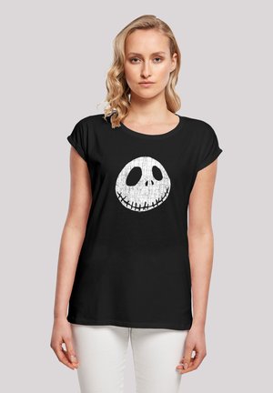 Schwarzes T-Shirt mit einem großen, weißen, abgenutzten Jack Skellington-Schädelgrafik. Kurze Ärmel und lockere Passform.