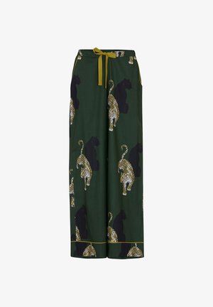 Zielone spodnie szerokie z tkaniny z elastycznym pasem, zdobione wzorem w lamparta i czarnego pantera, z żółtym akcentem na dole.