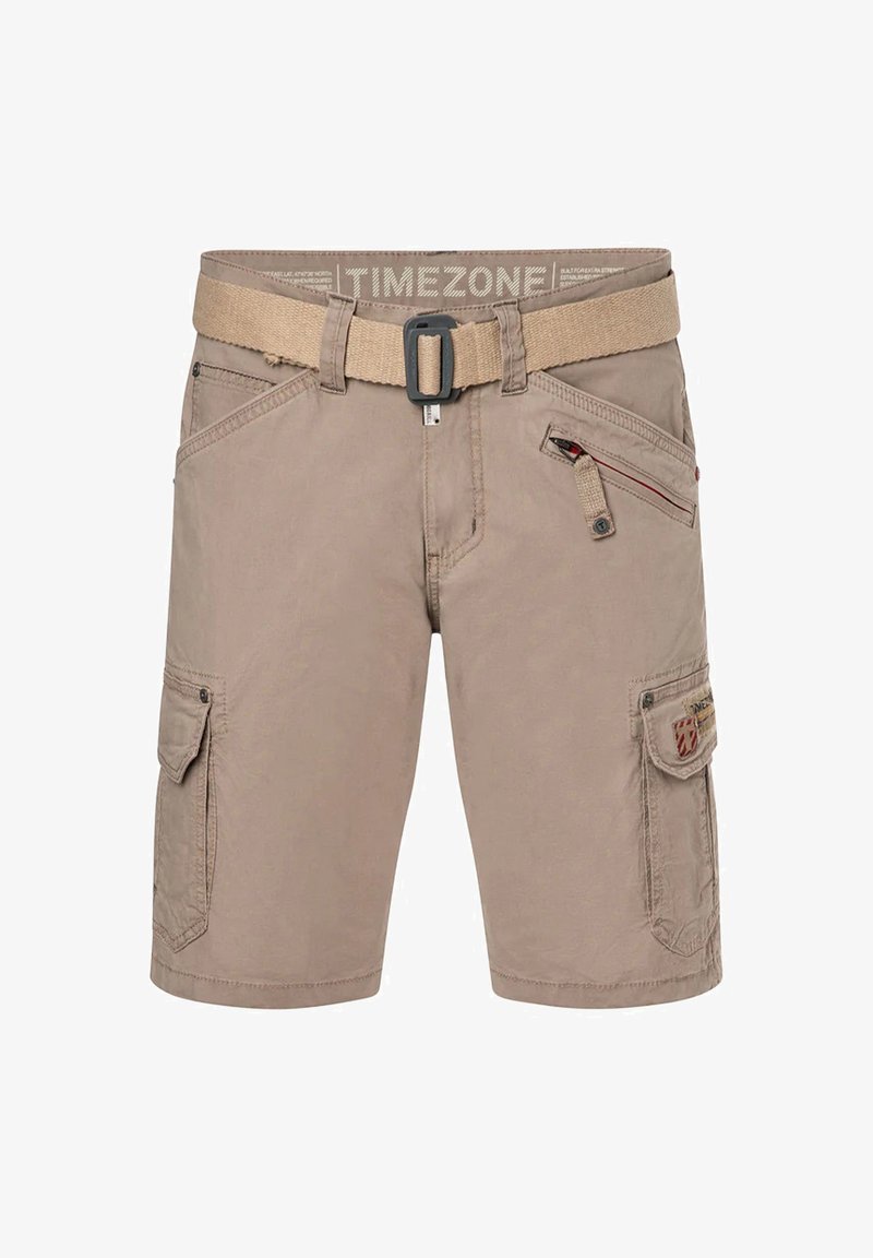 Beige cargoshorts van katoen, voorzien van meerdere zakken, een geweven riem met een metalen gesp en zichtbare stiksels.