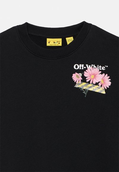 Μαύρο φούτερ με στρογγυλή λαιμόκοψη, με ροζ μαργαρίτες, γραφικό κίτρινης και μαύρης ριγέ ταινίας και το κείμενο "Off-White™" στο στήθος.
