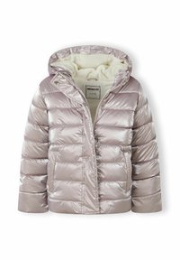 Giubbotto imbottito rosa chiaro con un'esterno lucido, foderato di morbido bianco, cappuccio, chiusura con zip e sezioni trapuntate. Presenta tasche laterali.