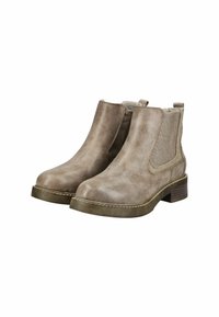 Botas de tobillo marrones hechas de suave cuero sintético. Cuentan con paneles laterales elásticos, punteras redondeadas y un tacón bajo apilado. Detalles de costura alrededor de la suela.
