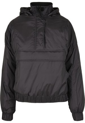 Giacca nera con cappuccio realizzata in materiale leggero e lucido. Presenta una mezza zip frontale, polsini elastici e un orlo con rifinitura elastica.