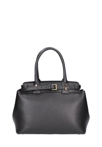 Sac à main en cuir noir avec texture en relief, doubles poignées, quincaillerie dorée et accent de boucle à l'avant. Silhouette carrée compacte.