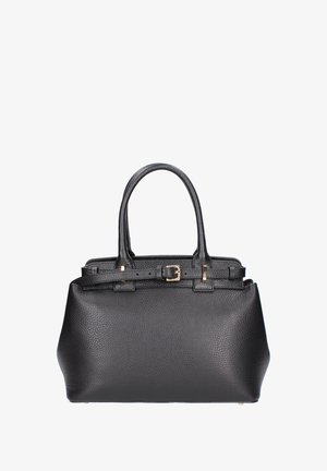 Borsa a mano in pelle nera con texture a sassi, doppi manici, hardware color oro e un accento con fibbia sulla parte anteriore. Silhouette quadrata compatta.