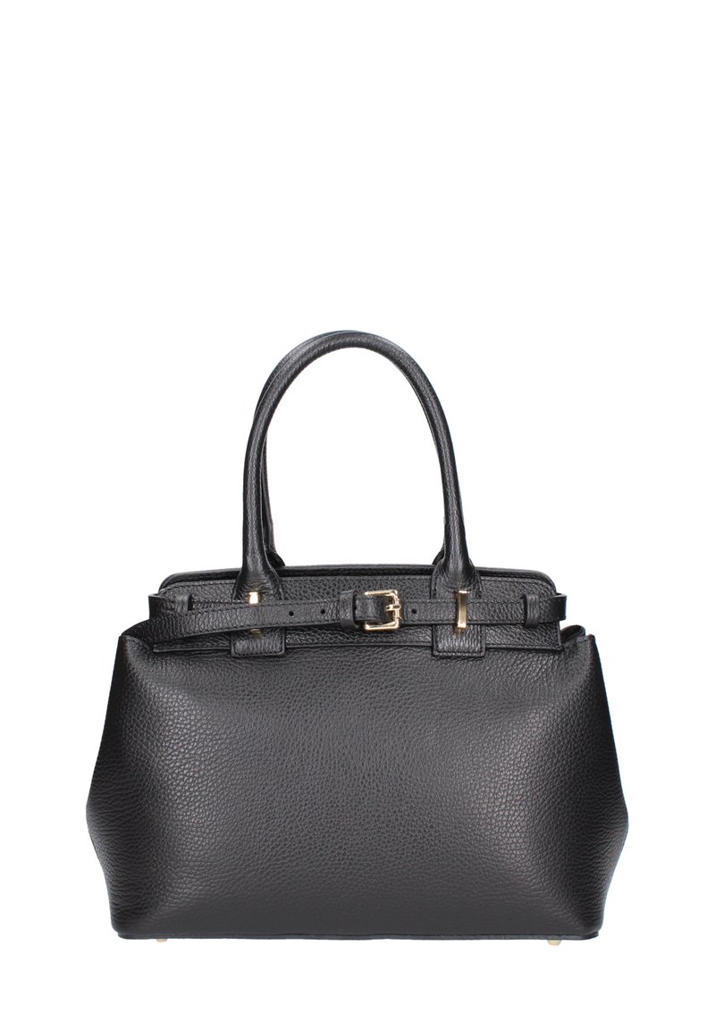 Sac à main en cuir noir avec texture en relief, doubles poignées, quincaillerie dorée et accent de boucle à l'avant. Silhouette carrée compacte.