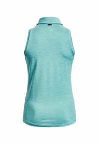 Tyrkysová bezrukávová polo tričko; hladká textura, límeček a přiléhavý zadní design. Žádné viditelné švy nebo ozdoby.