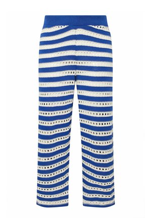 Blue and white striped knit pants with horizontal eyelet holes throughout, featuring a fitted waistband and straight-leg cut.