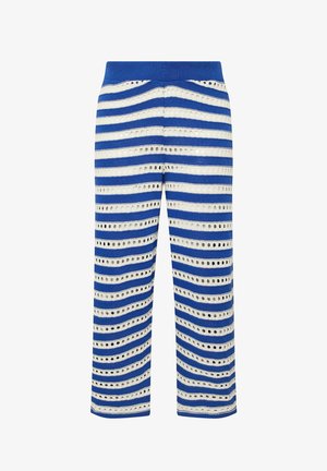 Blå og hvide stribede strikkede bukser med vandrette øjehuller over det hele, med en tætsiddende talje og lige ben.
