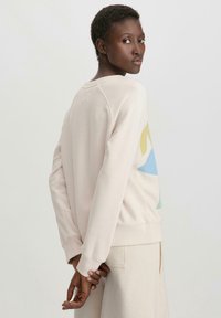 Vaaleanpunainen collegepaita, jossa on rento leikkaus, ribbaatut hihansuut ja monivärinen abstrakti kuvio selässä. Valmistettu pehmeästä kankaasta, minimaalinen rakenne.