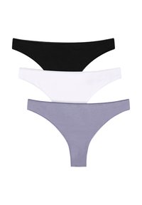 Tre perizomi femminili nei colori nero, bianco e grigio impilati verticalmente su uno sfondo bianco.