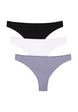 Tre perizomi femminili nei colori nero, bianco e grigio impilati verticalmente su uno sfondo bianco.