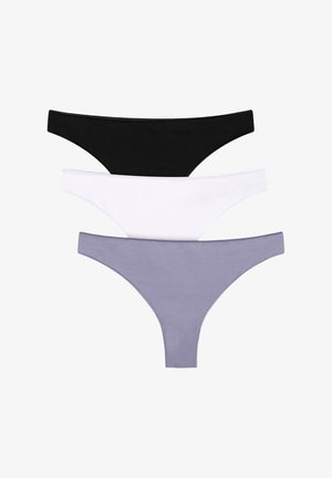 Tre perizomi femminili nei colori nero, bianco e grigio impilati verticalmente su uno sfondo bianco.