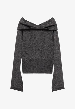 Pletený sveter s odhalenými plecami v tmavošedej rebrovanej látke, s dlhými rukávmi a prehnutým golierom. Mäkká textúra s kovovým leskom.