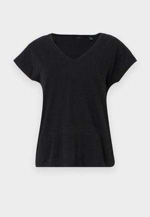 Zwarte V-hals T-shirt met korte, brede mouwen, gemaakt van een zacht stof. Eenvoudig ontwerp zonder patronen of versieringen.