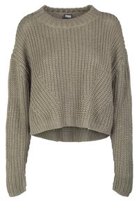 Dicker, gestrickter, langärmeliger, cropped Pullover in Taupe mit geripptem Rundhalsausschnitt, Bündchen und Saum, der ein strukturiertes Waffelmuster aufweist.