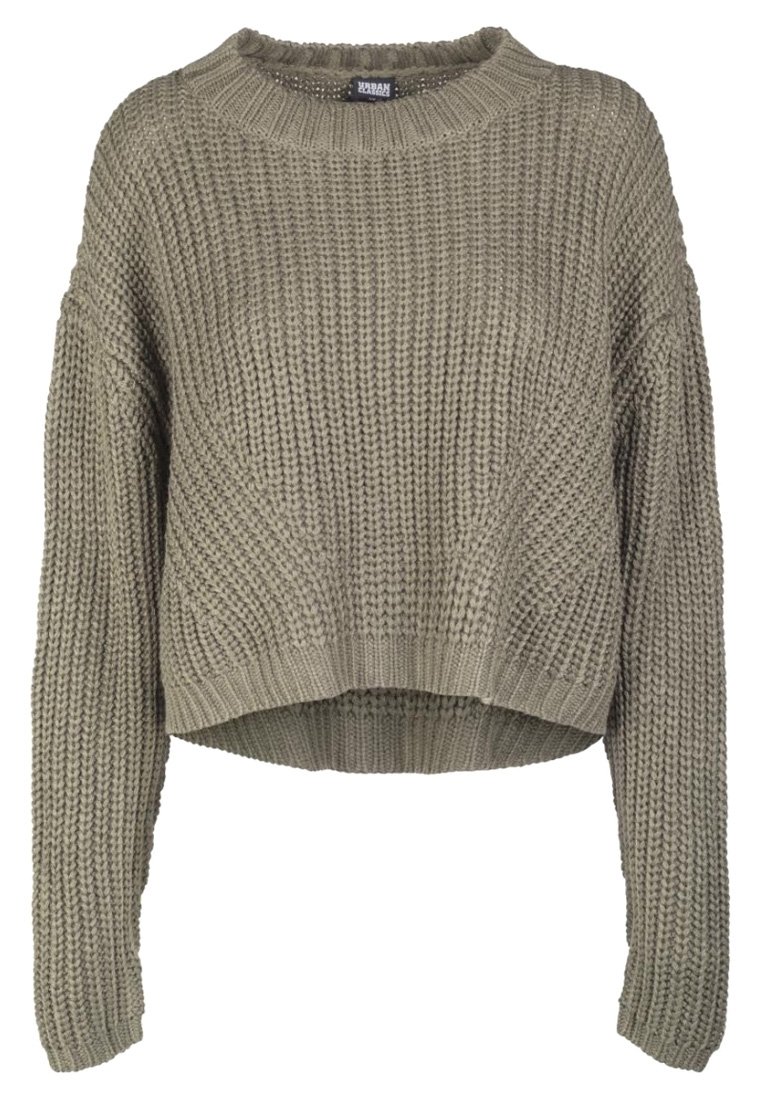 Dicker, gestrickter, langärmeliger, cropped Pullover in Taupe mit geripptem Rundhalsausschnitt, Bündchen und Saum, der ein strukturiertes Waffelmuster aufweist.