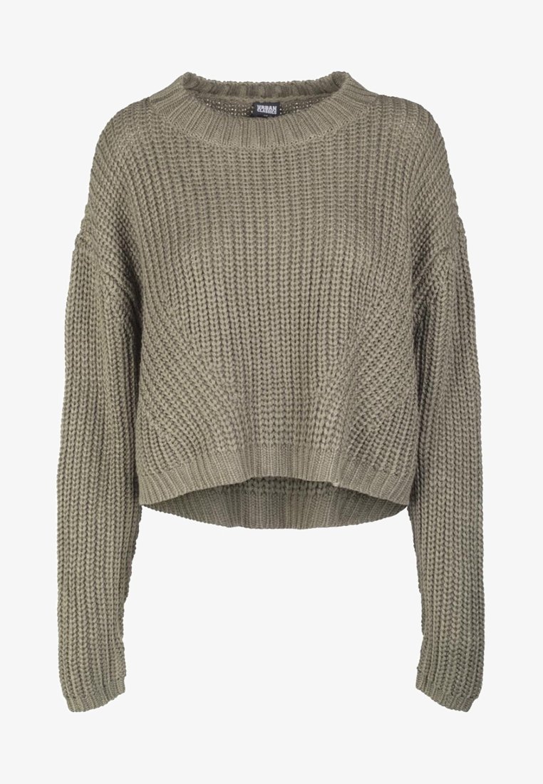 Dicker, gestrickter, langärmeliger, cropped Pullover in Taupe mit geripptem Rundhalsausschnitt, Bündchen und Saum, der ein strukturiertes Waffelmuster aufweist.