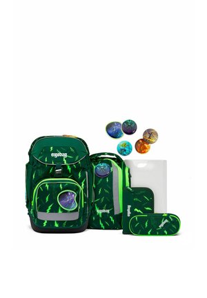 Green school backpack set with neon lightning patterns, includes main backpack, smaller bag, pencil case, folder, and collectible round badges.