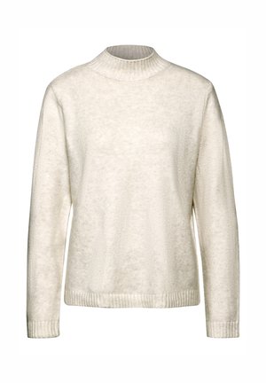 Cremefarvet sweater med høj ribbet halsudskæring, lange ærmer og et blødt, tekstureret stof, med ribbede detaljer ved ærmeenderne og kanten.