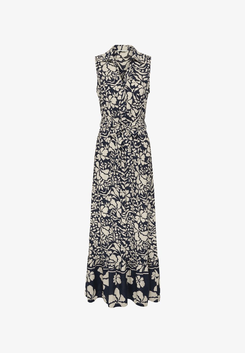Marineblauwe bloemen zonder mouwen maxi-jurk met een gekraagde halslijn, cinched taille en gerimpelde zoom. Gemaakt van lichte stof met een gladde textuur.