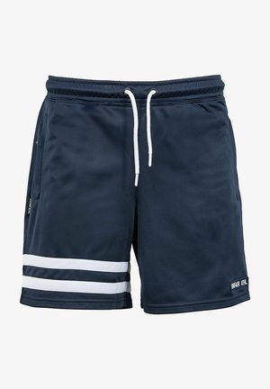 Marineblaue Sportshorts aus leichtem Material, mit weißen Streifen, einem verstellbaren Kordelzugbund und Seitentaschen.