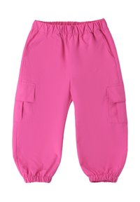 Rosa Cargo-Hose mit elastischem Bund, zwei Seitentaschen und gerafften Bündchen. Leichter Stoff mit glatter Textur.