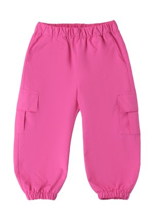 Pantalon cargo rose avec une taille élastique, deux poches latérales et des poignets froncés. Tissu léger avec une texture lisse.
