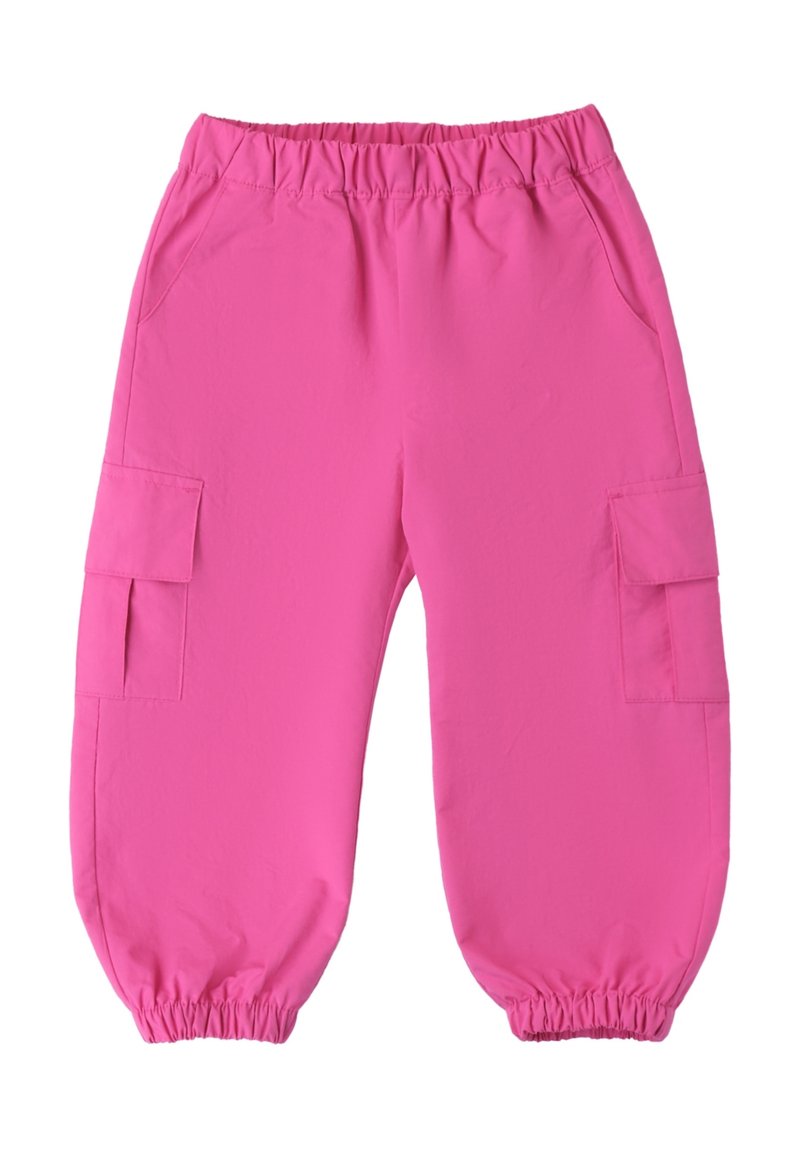 Rosa Cargo-Hose mit elastischem Bund, zwei Seitentaschen und gerafften Bündchen. Leichter Stoff mit glatter Textur.