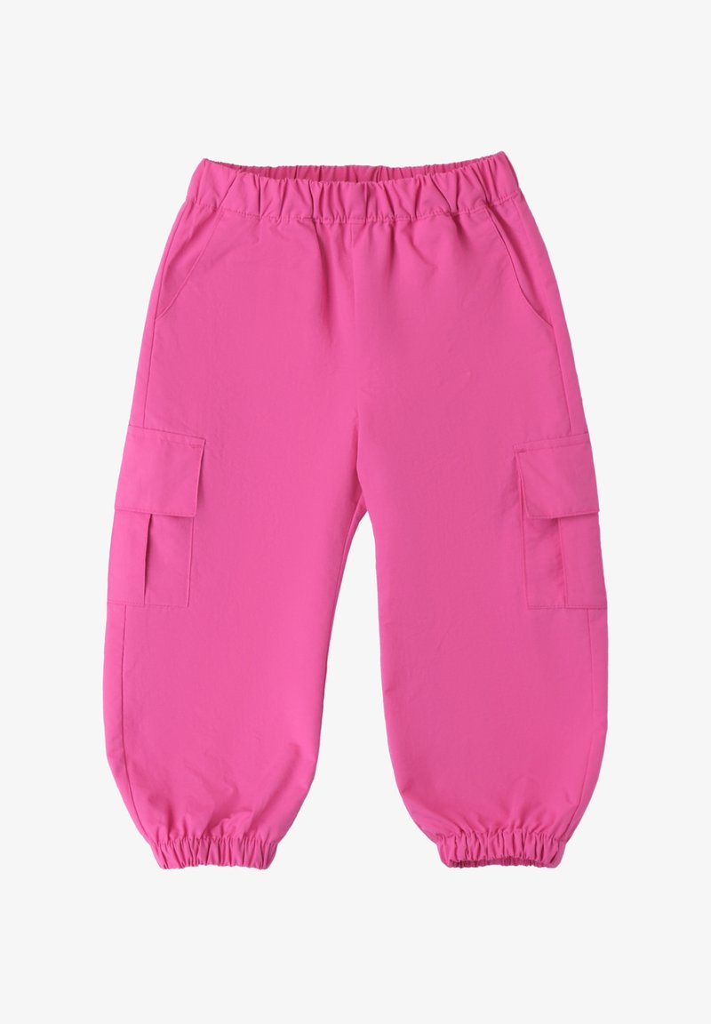 Roze cargobroek met een elastische tailleband, twee zijzakken en gathered cuffs. Lichtgewicht stof met een gladde textuur.