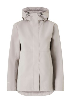 Chaqueta de lluvia gris claro con capucha, que presenta una textura suave, cierre delantero de cremallera y bolsillos laterales. Diseñada para ofrecer comodidad y protección.