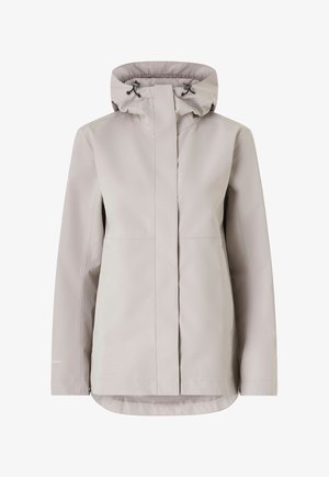 Lichtgrijze regenjas met capuchon, voorzien van een gladde textuur, een rits aan de voorkant en zijzakken. Ontworpen voor comfort en bescherming.