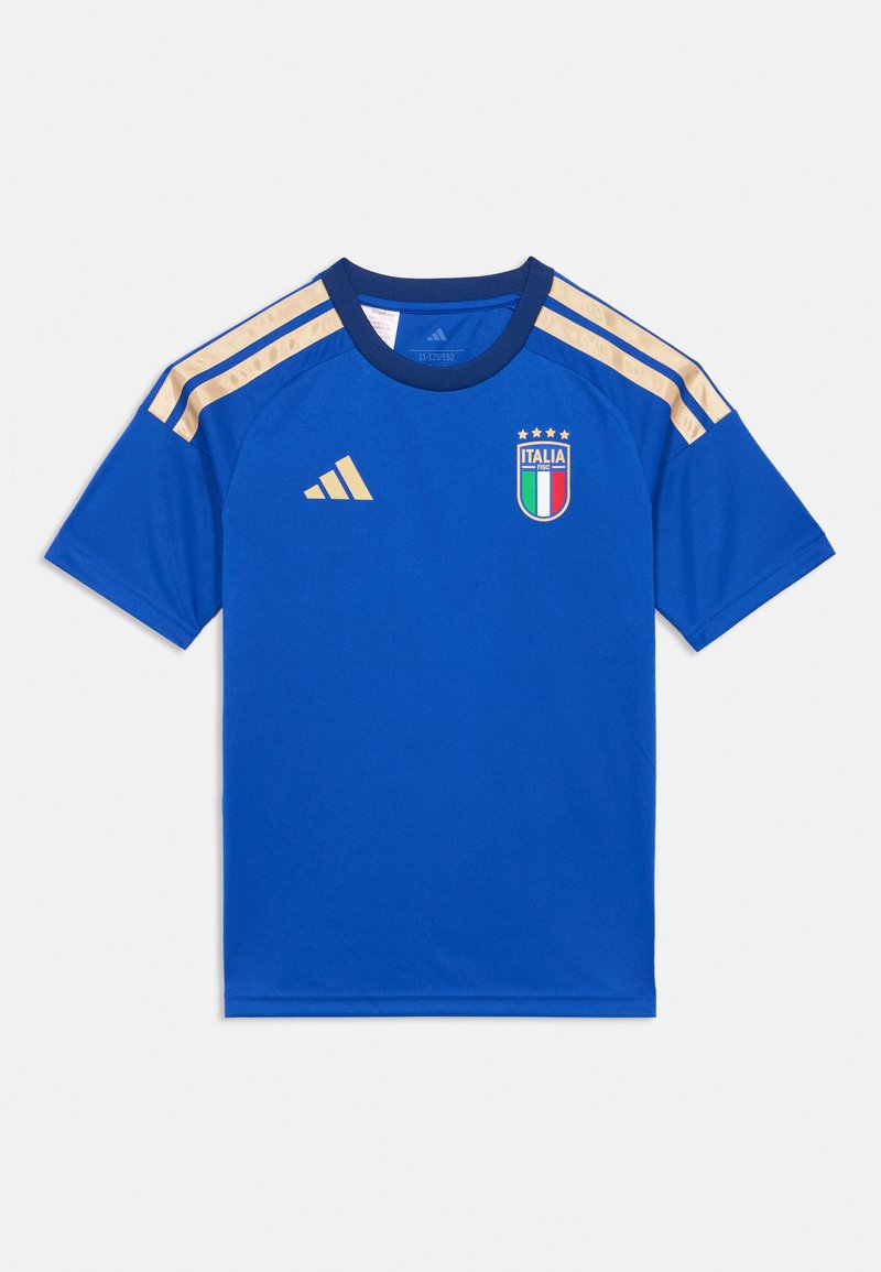 Blaues Sporttrikot aus atmungsaktivem Stoff. Mit goldenen adidas-Streifen, rundem Ausschnitt und Italia-Emblem mit Schild und Sternen.