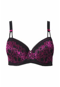 Sort bh med lilla blomsterblonde, formstøbte skåle, justerbare stropper og en central dekorativ juvel. Kantet med bølget blondekant.
